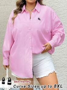 SHEIN CURVE+ Maglietta a righe rosa casual con spalle scoperte e monopetto, blusa estiva carina per taglie forti - Rosa - Visualizzare 7