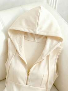 Islaluna Peach Zip-Up Hooded Sleeveless Jumpsuit, Women's Casual Outfit, Women's Holiday Attire, White Jumpsuit, Summer Vacation Wear - Apricot - View 4