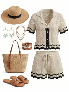 Lyxana New European & American Fashion Mixed Color Chic Versatile Knitted Top & Shorts Set - Apricot - View 1