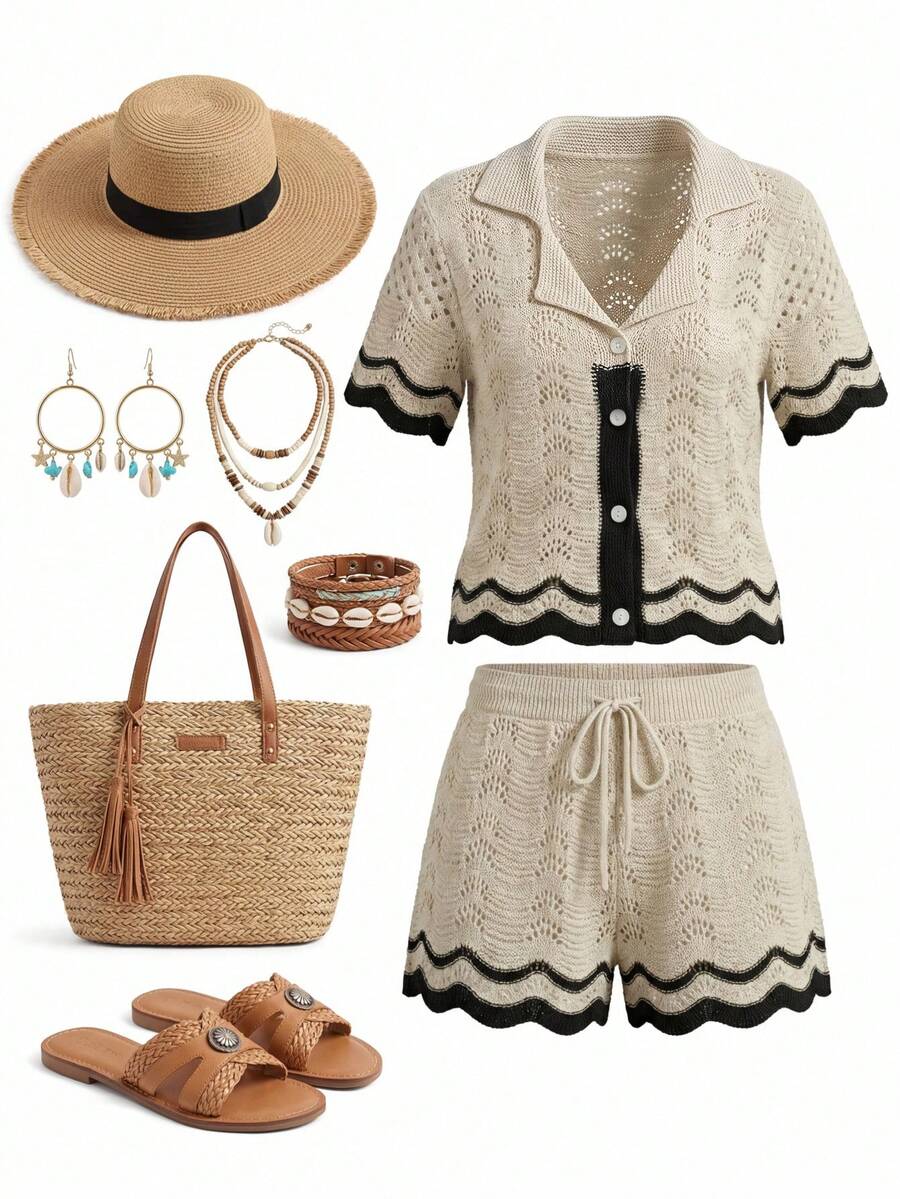 Lyxana New European & American Fashion Mixed Color Chic Versatile Knitted Top & Shorts Set - Apricot - View 1