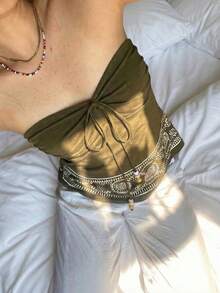 Franclia ملابس علوية قصير مخرم بطبعة هندسية ملونة بتصميم عقد وكشكشة، خصر بسحاب، ظهر مكشوف، قصة A-line، أنيق وعصري، مناسب للعطلات والصيف - أخضر عسكري - مشاهدة 4