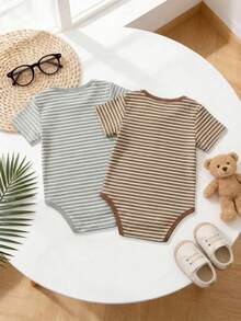 SHEIN 2pcs/Set Infant Baby Boys' Striped Envelope Collar Knit Short Sleeve Romper,Blue White Stripe,Summer,Casual,Family Matching Mocha Brown Bodysuits - Multicolor - View 2