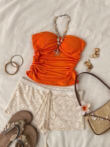 Sweetra Women's Orange Pleated Strapless Crop Top & Hollow Embroidered Shorts Set, Sweet & Sexy Beach Vacation Style, Bohemian Vibe, Spring/Summer - Yellow - View 1