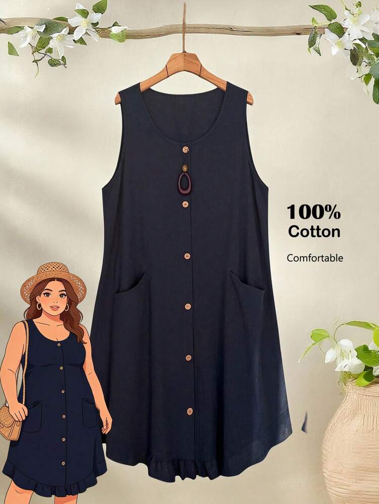 Plus Size Women's Summer Casual Vacation Country Ruffle Hem Round Neck Sleeveless Button Decor Solid Color Navy Blue Dress With Pockets/Summer,Comfortable And Breathable,Summer Holiday,Spring Break Outfits ,Vacation Outfits Women ,Holiday Outfits For Women,Going Out Outfits,2026 New Clothes,Simple And Fashionable For Everyday Wear,Casual Dresses For Women,Flowy Dress ,Suitable For Summer, Vacation, Commute, Daily Wear Button Dress Dress With Pockets For Women Summer Dress With Pocket