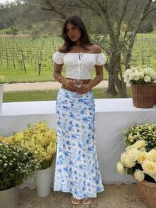 KARISMINA Falda de línea A impresa elegante y romántica para vacaciones, falda de dama azul - Azul y blanco - Ver 13