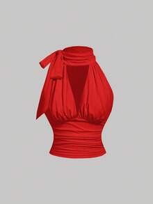 SHEIN MOD 女士优雅时尚纯色镂空扭领褶裥修身衬衫，夏季 - 紅色 - 查看 3