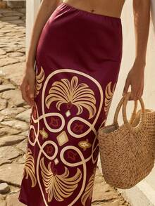 CAJUNI 女士棕榈树印花露脐抹胸上衣和迷你裙度假套装 - 酒紅色 - 查看 3