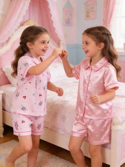 2pcs/Set Young Girl' Cute Rabbit Cartoon Pattern Lapel Short Sleeve Shorts Pajama Set