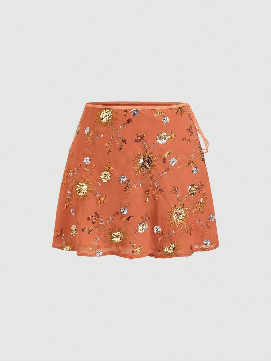 Olithes Women's New Embroidered Mesh Mini Skirt - Orange - View 1