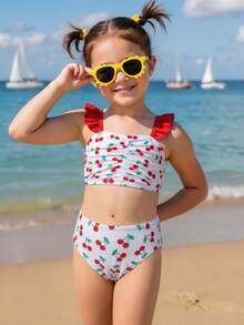 3件套女童（小号）樱桃印花荷叶边吊带泳衣 - 紅色 - 查看 6