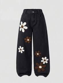 SHEIN ChillGRL Tween Girls Washed Black Denim Jeans, Vintage, Versatile, Floral Embroidery Design Straight Leg Wide Leg Jeans, Summer - Black - View 6