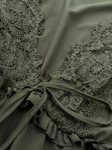 Weeklong Fashionable Spring & Summer Casual French Retro Vacation Elegant Ruffled Tie-Bow V-Neck Lace Trim Blouse - Army Green - View 7