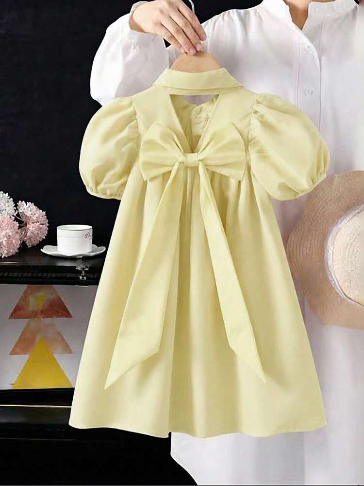 Elladie kids Young Girl Solid Color Short Petal Sleeve Dress With Bow Decor On Back - Yellow - View 1