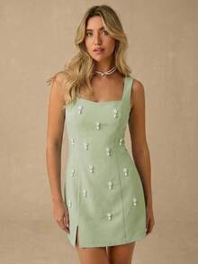 Vestido mini de moda sin mangas con cuello de corazón y decoración de perlas falsas para mujer - verde menta - Ver 6