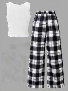 两件套青少年春夏休闲简约针织牛奶丝星形印花无袖露脐上衣和黑白格子数码印花宽松长裤套装 - 黑與白 - 查看 2