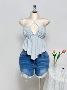 SHEIN ICON Plus Size Criss-Cross Halter Backless Jacquard Yellow Crop Top, Suitable For Summer, Vacation, Y2K - Baby Blue - View 3