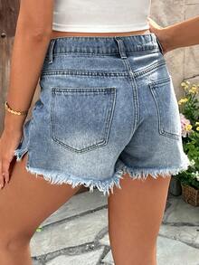 SHEIN Maternity Blue Frayed Hem Fitted Denim Shorts - Light Wash - View 2