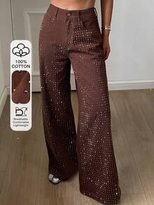 DAZY Women's Regular Waist Rhinestone Embellished Loose Straight Leg Casual Brown Jeans - Brown - View 1