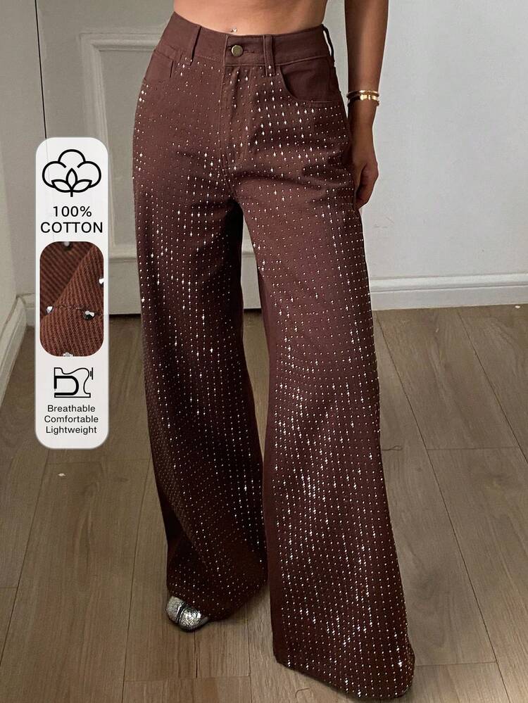 Women's Regular Waist Rhinestone Embellished Loose Straight Leg Casual Brown Jeans