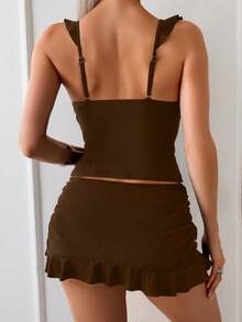 Swim Basics Conjunto de tankini de unicolor sexy para mujer, verano - Marrón - Ver 2