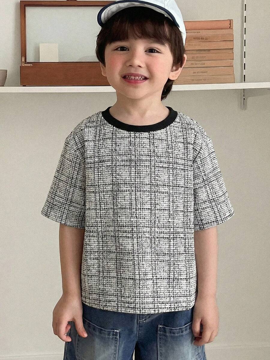 Hapijoa 男童格子圆领短袖休闲百搭T恤 夏季 - 黑與白 - 查看 1