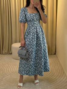 Mulvari Robe élégante et romantique à manches longues, taille cintrée et coupe évasée, en jacquard vert, pour le printemps/été - Vert - Voir 6