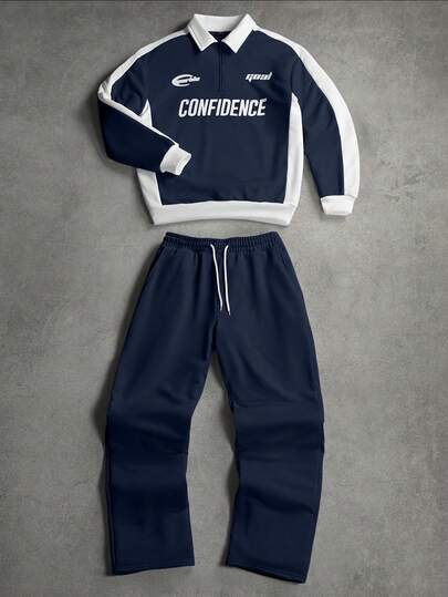 SLATEMANN 男士撞色长袖半拉链时尚百搭套头卫衣套装