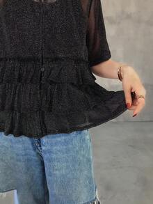 FRIFUL Women's Open Front Round Neck Sheer Silky Layered Ruffle Hem Mesh Splice Loose Short Sleeve Blouse - Black - View 4