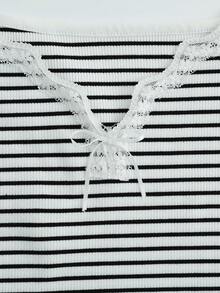 INAWLY Black & White Striped Lace Patchwork V-Neck Sleeveless Camisole, Slimming - Black and White - View 4