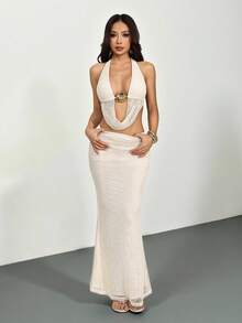 SHEIN PETITE Women's Solid Color Metal Decor Draped Neck Top And Mini Skirt Sexy 2-Piece Set - Apricot - View 6