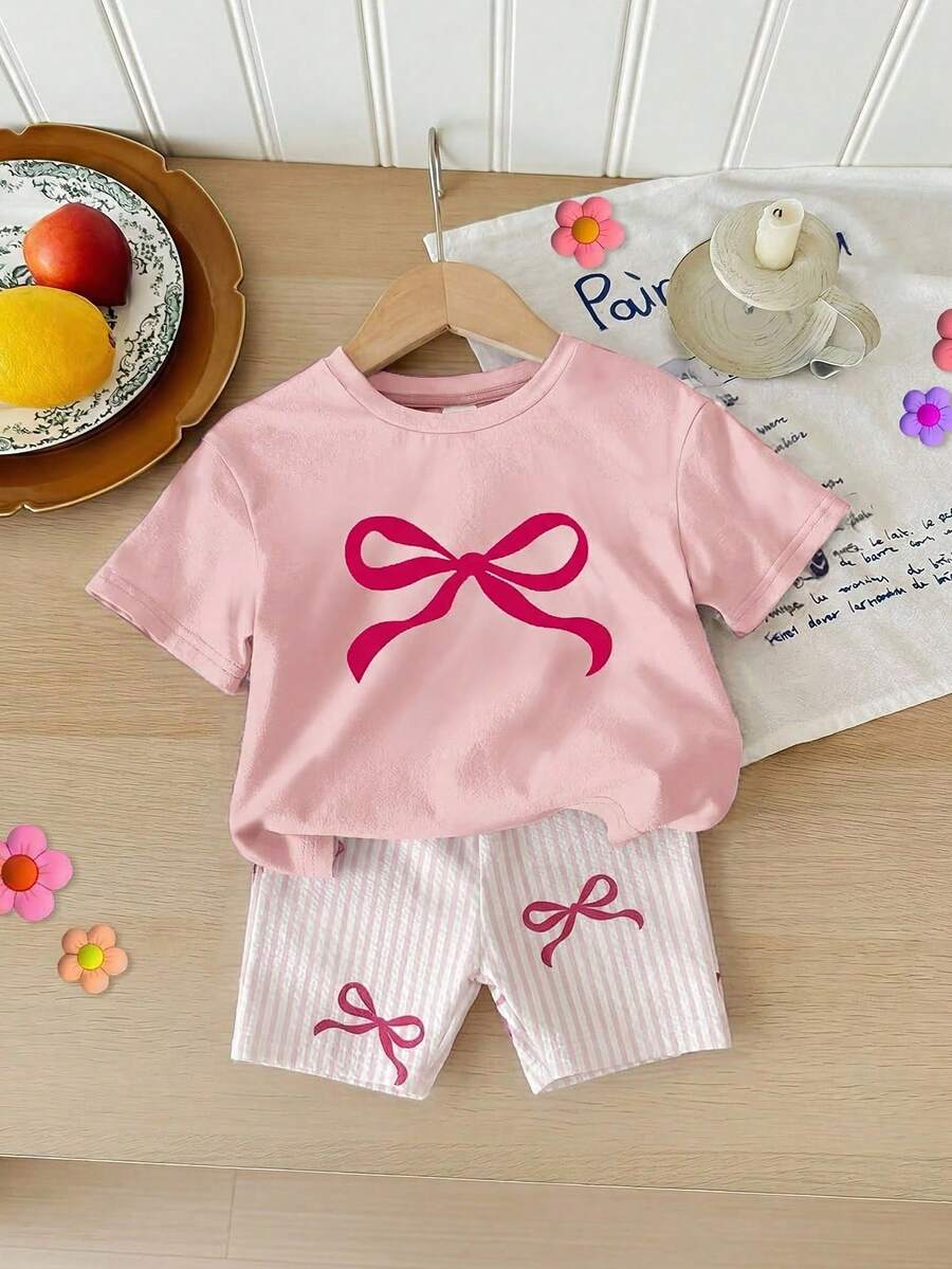 2 piezas Conjunto de ropa casual para el hogar para niñas bebé, con camiseta y shorts, adecuado para el verano - Multicolor - Ver 1