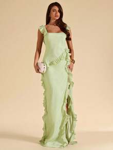 SHEIN BAE Đầm dài màu xanh lá chanh cổ vuông, xếp ly, xẻ tà cao, chất liệu chiffon thanh lịch, thích hợp cho tiệc sinh nhật, phù dâu, khách dự đám cưới, đi nghỉ mát biển, đầm xếp ly. - Màu xanh chanh - Xem 3