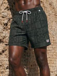 ZELFYO Pantalones cortos de playa para hombre con estampado de palmeras, cintura con cordón y bolsillos - Negro - Ver 6