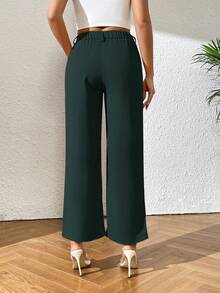 SHEIN PETITE 女士纯色褶皱直筒宽松休闲裤 - 墨綠色 - 查看 3