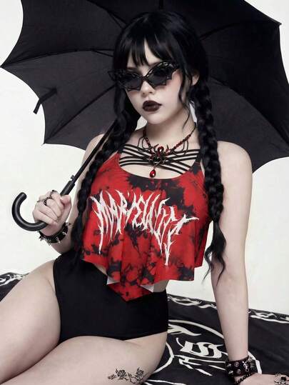 ROMWE Goth 新款夏季海滩度假朋克音乐节加大码吊带泳衣套装