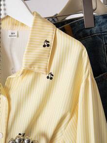 1 chiếc áo khoác cardigan dài tay cổ bẻ kẻ sọc cho bé gái tuổi teen, có họa tiết thêu phía trước, kiểu dáng thường ngày cho mùa thu. - Màu vàng - Xem 7