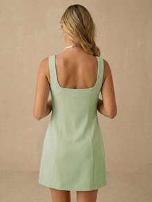 Vestido mini de moda sin mangas con cuello de corazón y decoración de perlas falsas para mujer - verde menta - Ver 2