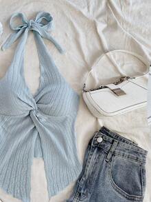 Soleia 大码女式夏季度假纯色前扭结露背不对称下摆上衣 - 淺藍色 - 查看 7