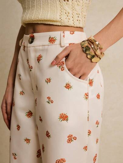 Poéselle Women's Ditsy Floral Pocket Straight Loose Fit Suit Pants,Vacation Outfits Women,Country Style For Women ,Beach Outfits For Women,Perfect For Vacation, Travel, Weekend, And Tea Break Wear,Spring/Summer