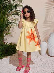 Young Girls Cute Floral Ruffle Hem Loose A-Line Casual Vacation Home Outdoor Back To School Dress, Spring/Summer - Yellow - View 4