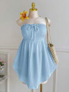 Comfortcana Plus Size Asymmetric Hem Lace Hollow Out Jacquard Tie Front Ruffle Trim Tube Top, Light Blue, Spring/Summer - Baby Blue - View 3
