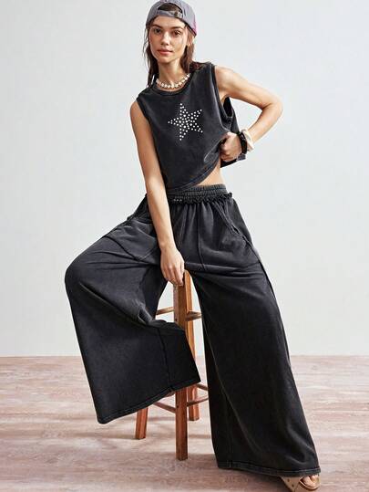 Bohemela 2pcs/Set Women Casual Solid Color Knit Loose Vest & Wide Leg Pants