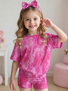 Young Girl Tie-Dye Print Round Neck Short Sleeve T-Shirt And Shorts Casual Set,Girls Outfit Sets,SummerOutfit,Utilitarian Chic - Pink - View 1