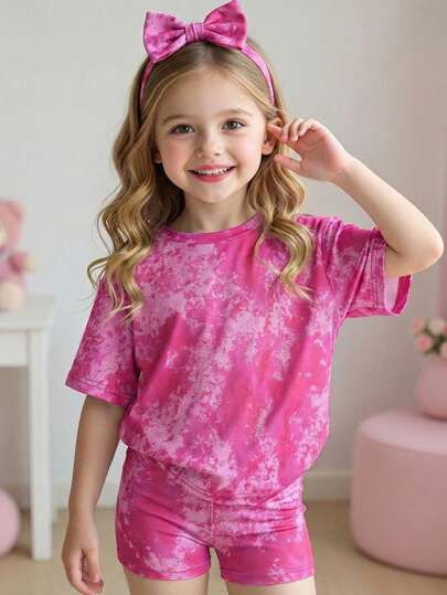 Young Girl Tie-Dye Print Round Neck Short Sleeve T-Shirt And Shorts Casual Set