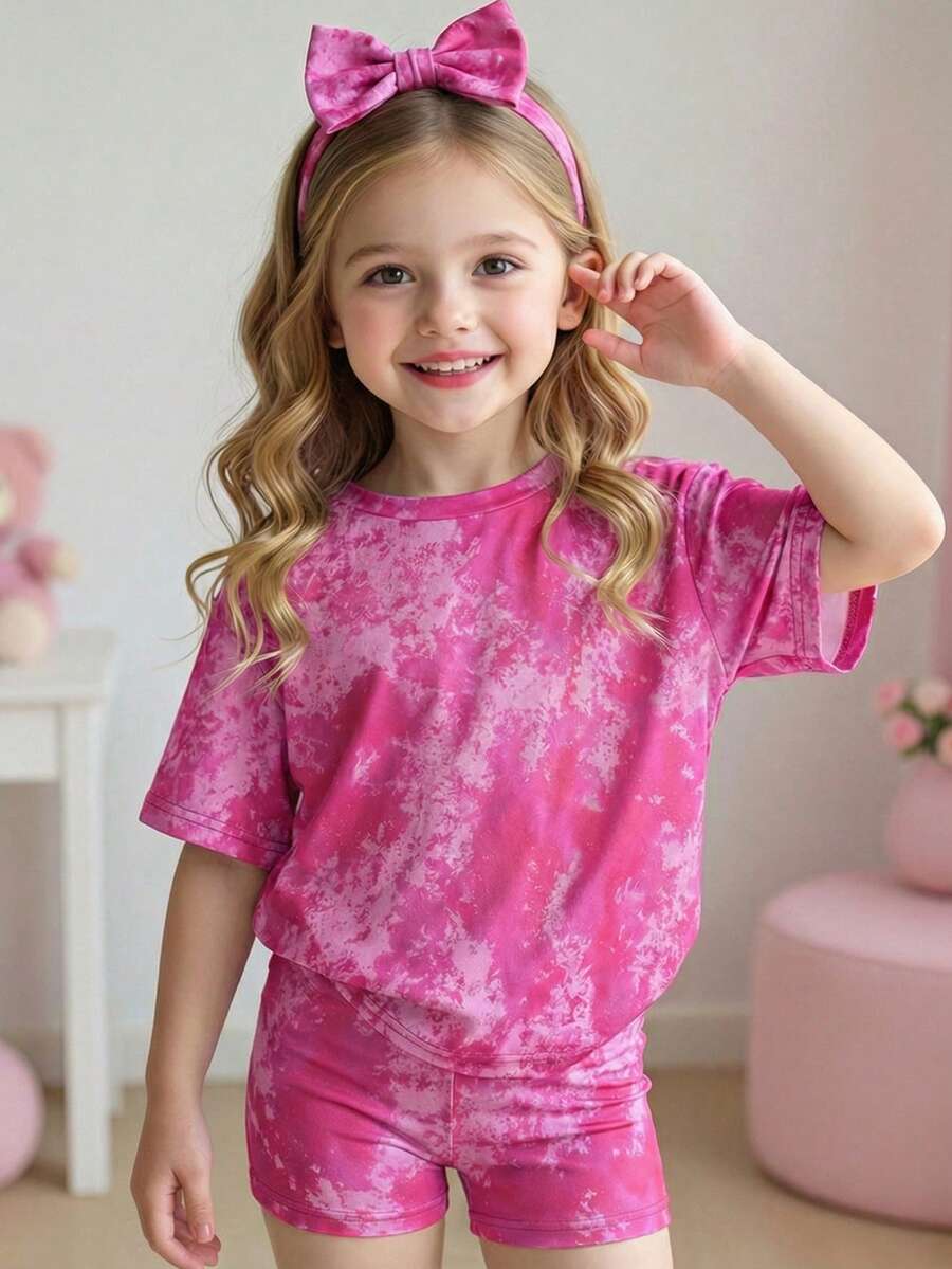 Young Girl Tie-Dye Print Round Neck Short Sleeve T-Shirt And Shorts Casual Set,Girls Outfit Sets,SummerOutfit,Utilitarian Chic - Pink - View 1