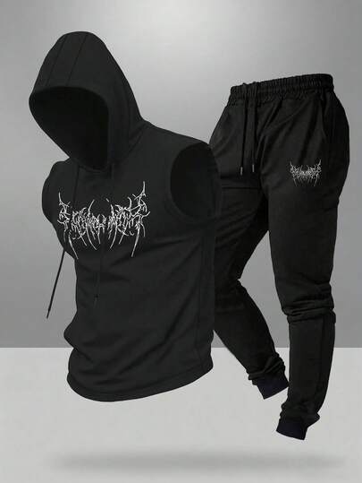 Manfinity Sport Corelite 男士哥特印花抽绳连帽衫和运动裤套装