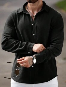 Manfinity CasualCool 男士純色單排扣休閒亞麻長袖襯衫，素色梭織布料，正式款 - 黑色 - 查看 5