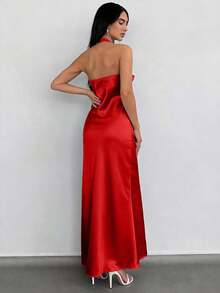 SHEIN Cottnline Solid Halter Neck Backless Satin Maxi Dress - Burgundy - View 2