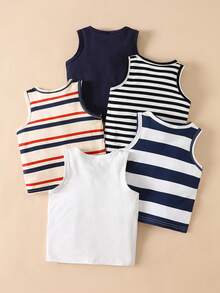 SHEIN Playful Pals 5件套休闲白色针织无袖背心，适合作为内搭，可用于户外活动、休闲穿着、旅行，适合6个月至3岁男婴。 - 彩色 - 查看 2