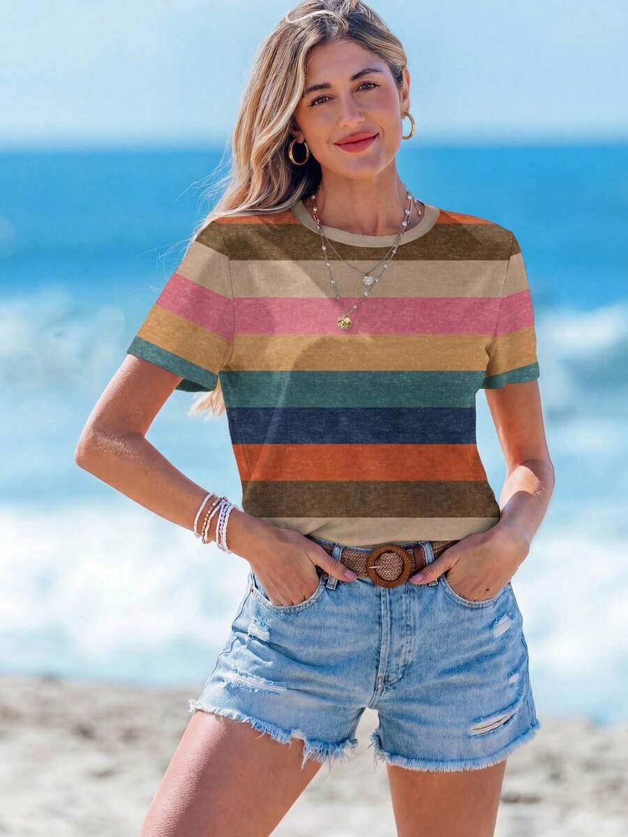 Sylviya Casual Simple Color Block Striped Crew Neck Short Sleeve Loose Women T-Shirt, Suitable For Spring And Summer Suitable For Going Out,Casual - Multicolor - View 1